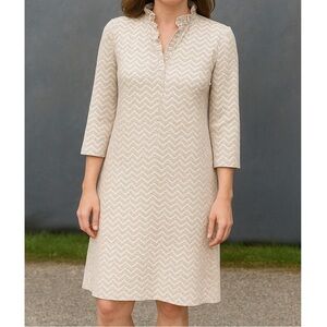 J McLaughlin Durham Dress - XS - classic 3/4 sleeve tan white print